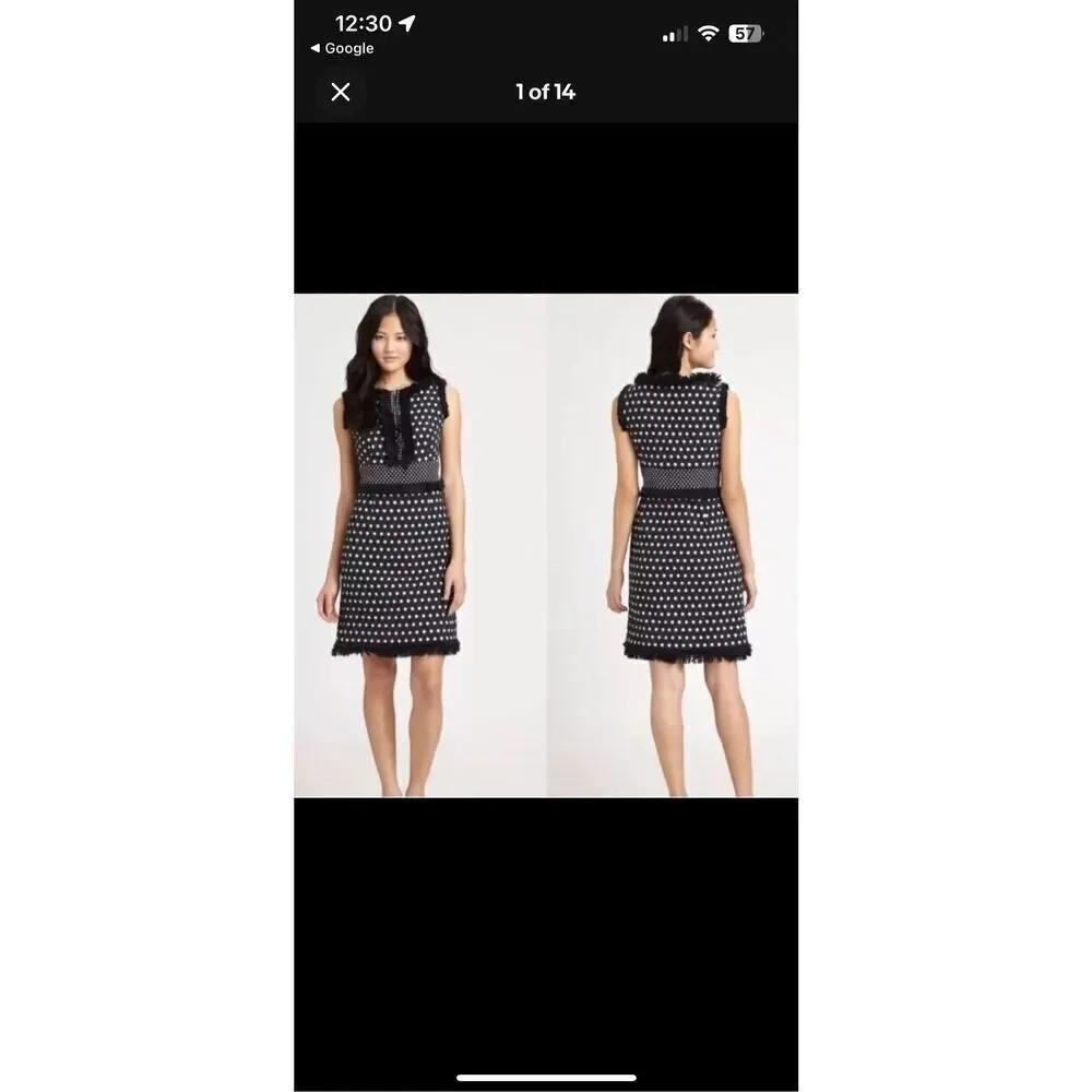 Tory Burch Navy Blue Evelyn Polka Dot Jacquard Sheath Dress Size 4 Fringe